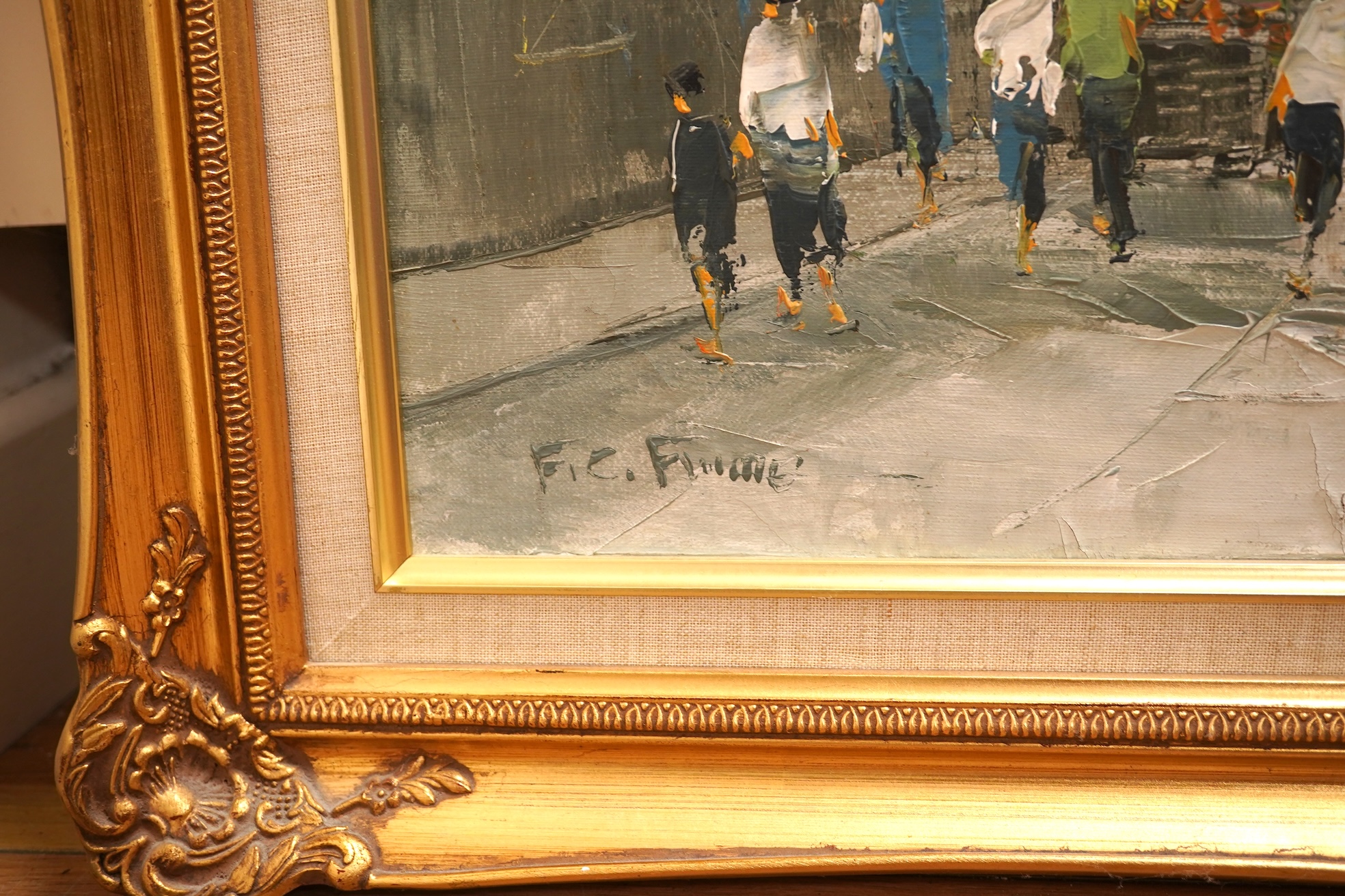 F C F, Chinese market scene, indistinctly signed, oil on canvas, 50 x 70cm